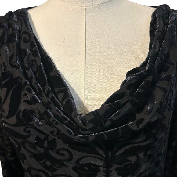 Black Velvet Burnout Top SZ LG Waterfall Neck Whimsey Goth Punk Ruby Ribbon LBD - Picture 2 of 10